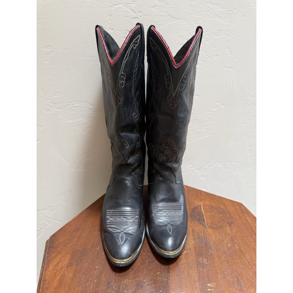 Vintage Acme Black Leather Cowboy Boots Womens 7.5 M Rainbow Stitch Toe Guard
